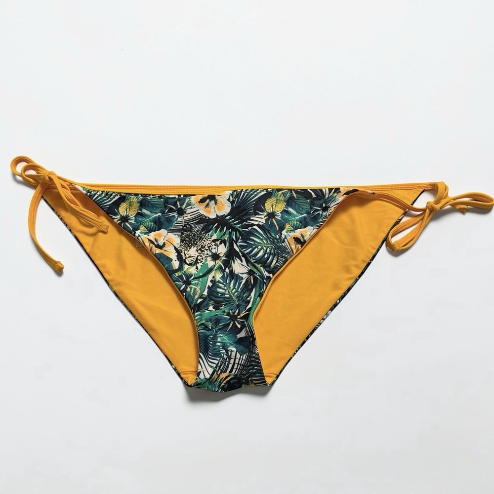 SWEATY BETTY Jungle Green Yellow Hibiscus Floral Reversible Bikini Bottoms Sz XL